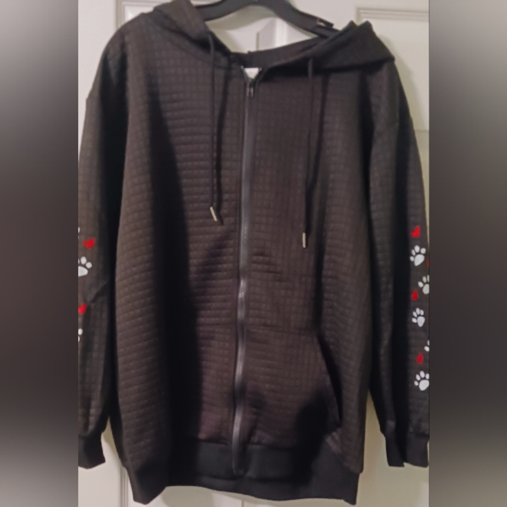 Womens Black Hooded Jacket with Paw Print Accents Size L